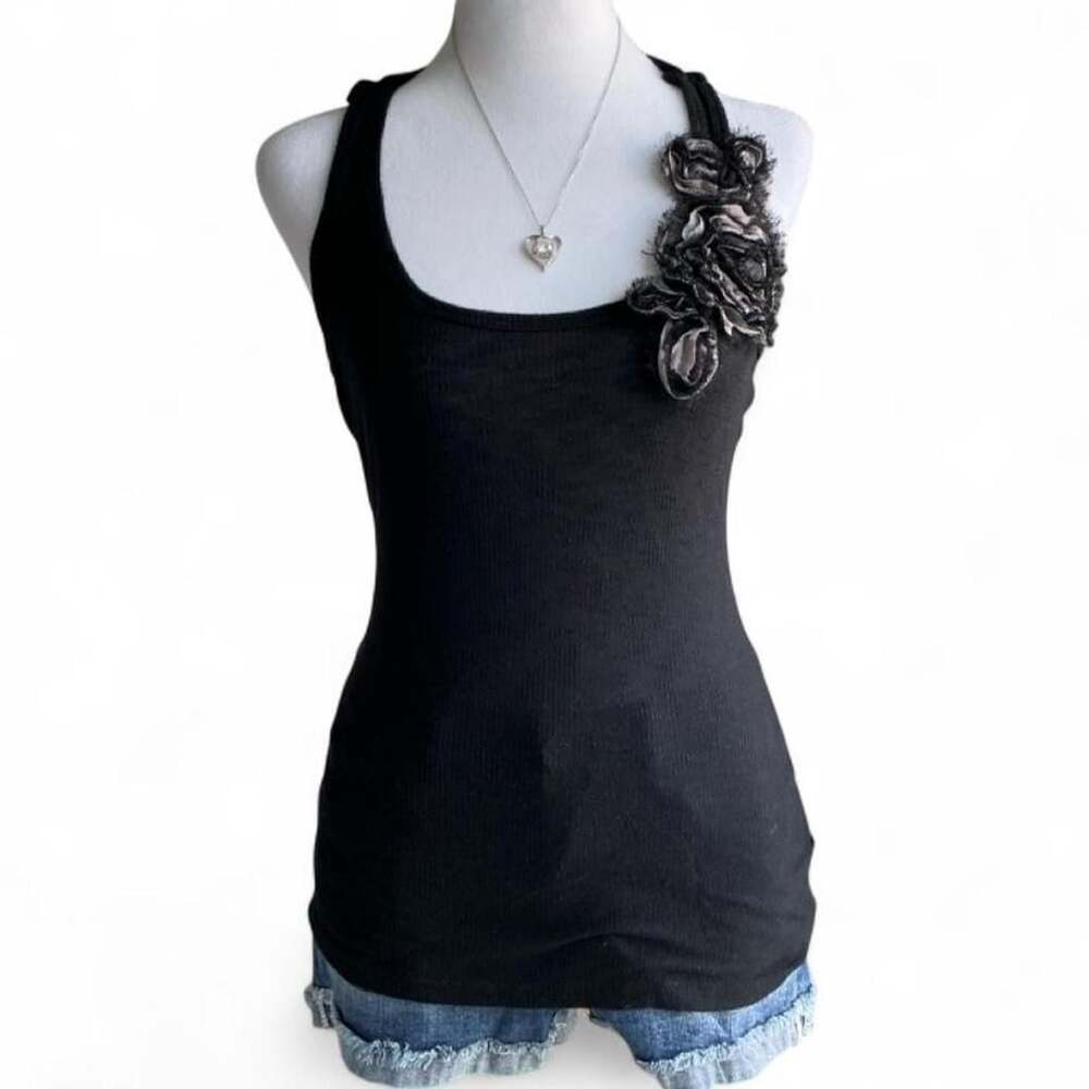 H.I.P Black Ribbed Floral Appliqué Tank Top Fairycore Whimsigoth - Size Small